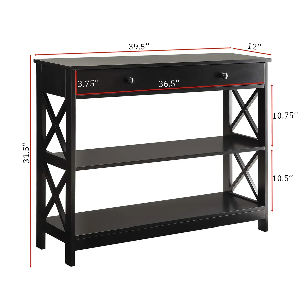 Black Console Table with Drawer and Open Shelves – Elegant Accent