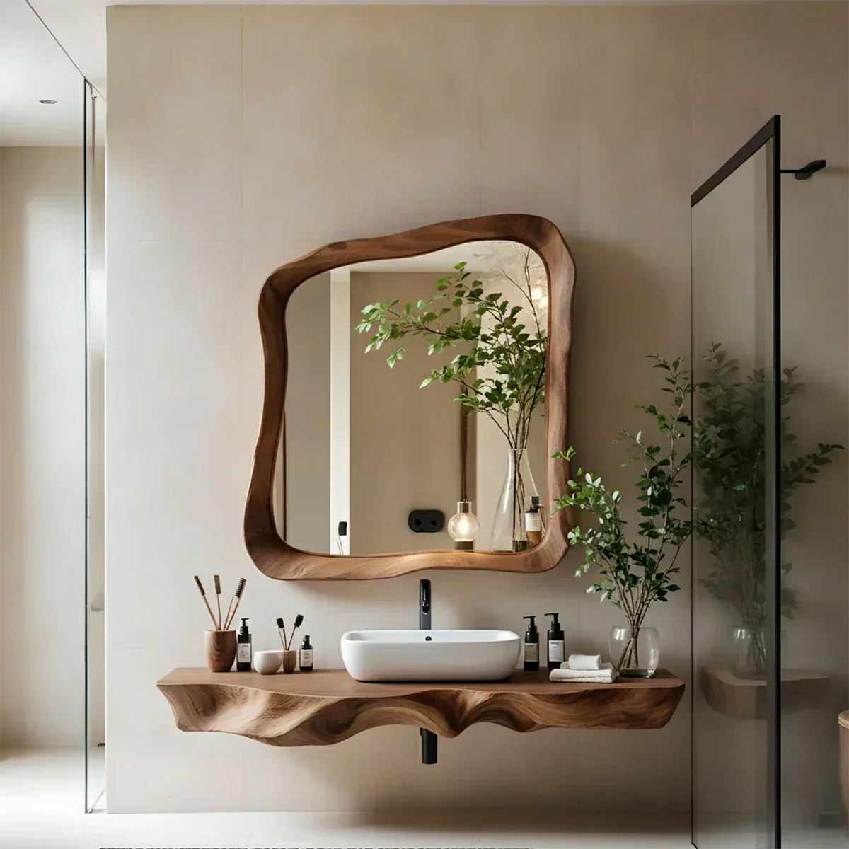 Handcrafted Live Edge Floating Bathroom Vanity Shelf With Mirror Frame - Rustira