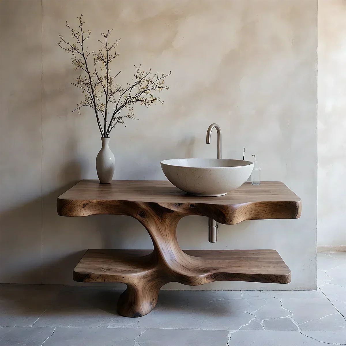 Handcrafted Solid Wood Vanity with Organic Branch Form - Rustira