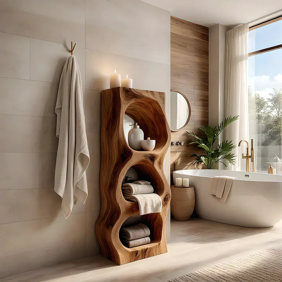 Live Edge Solid Wood Bathroom Storage Tower – Organic Carved Design - Rustira