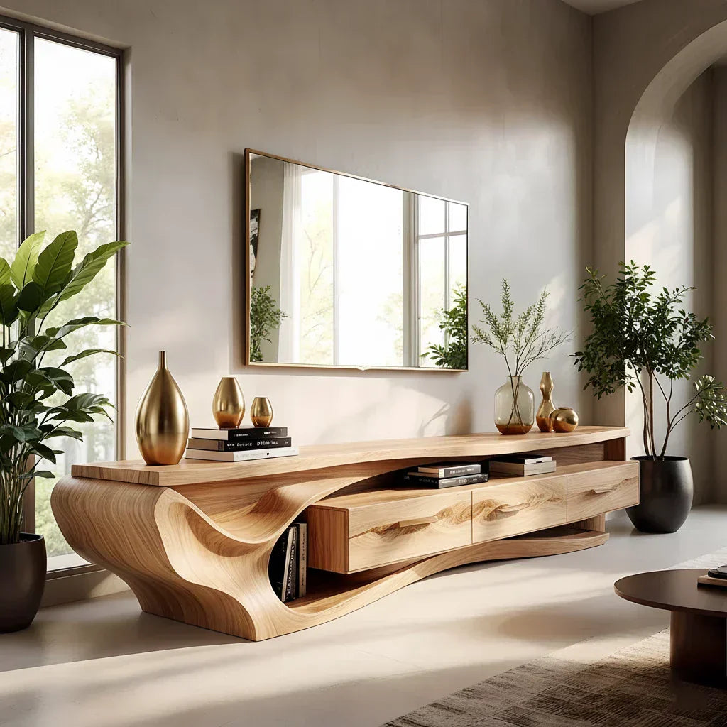 Luxury Wave-Carved Solid Wood TV Stand - Organic Modern Media Console - Rustira