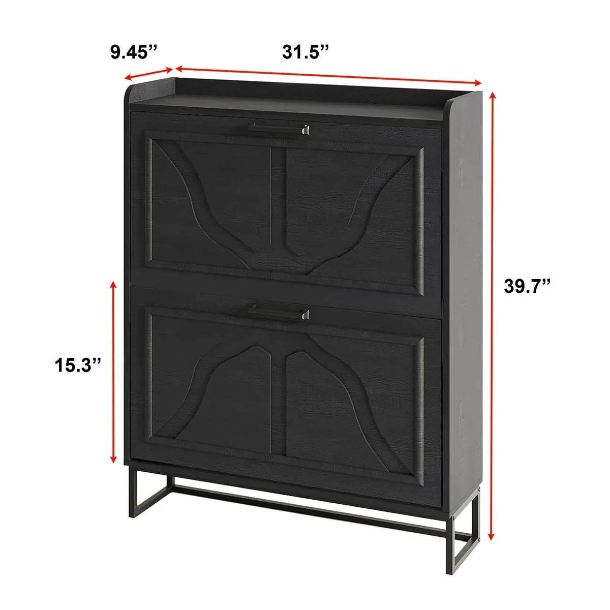 Modern Black Shoe Cabinet with 2 Flip Drawers & Open Shelf