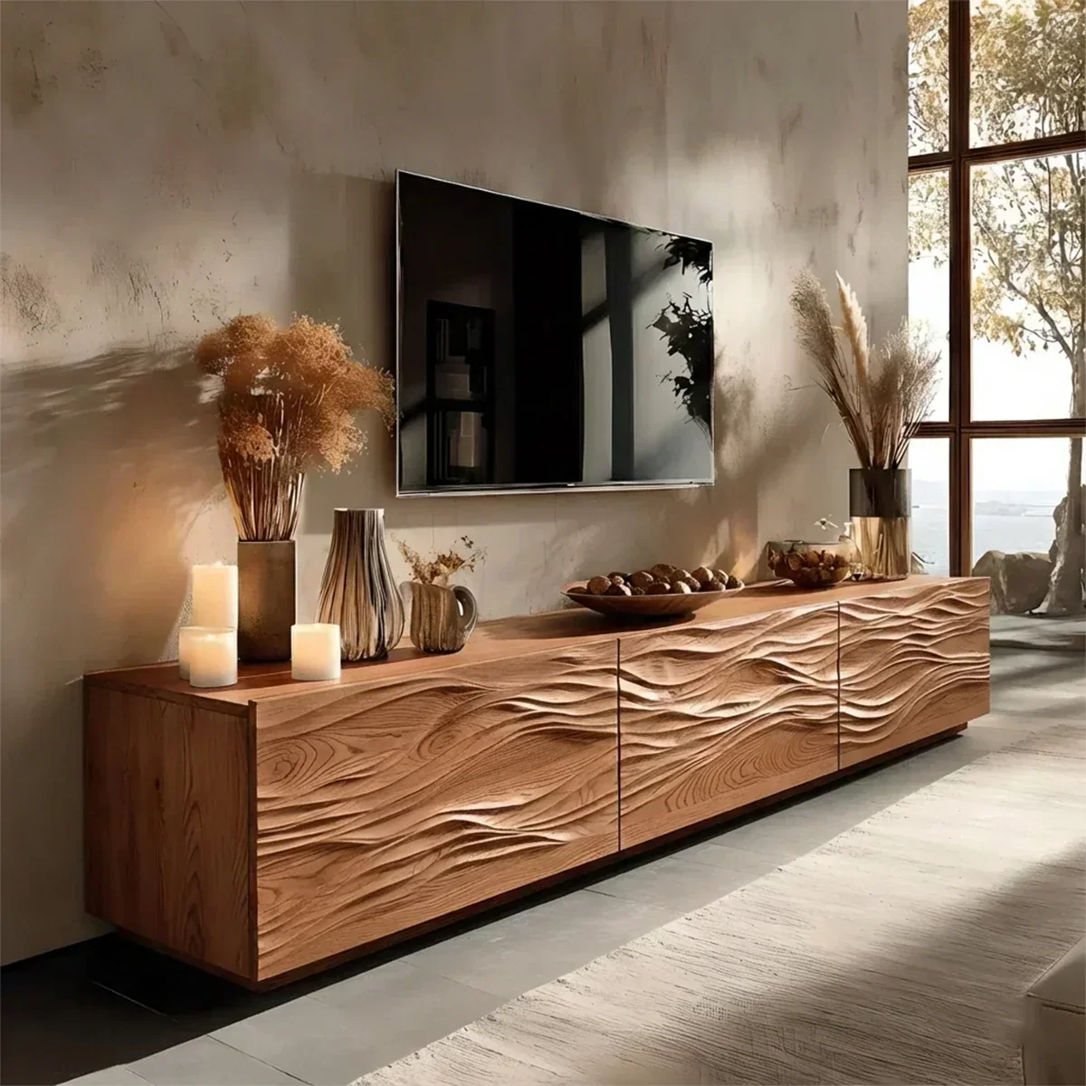 Modern Wavy Solid Wood TV Stand – Sculpted Minimalist Media Console