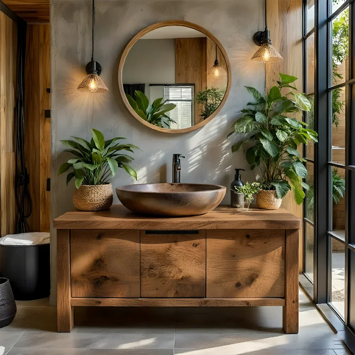 Natural Solid Wood Vanity with Smooth-Corner Frame & Center Cabinet - Rustira