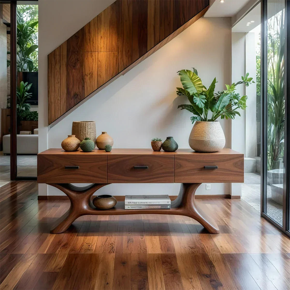 Solid Wood Console Table with Organic Sculptural Base & Drawers - Rustira