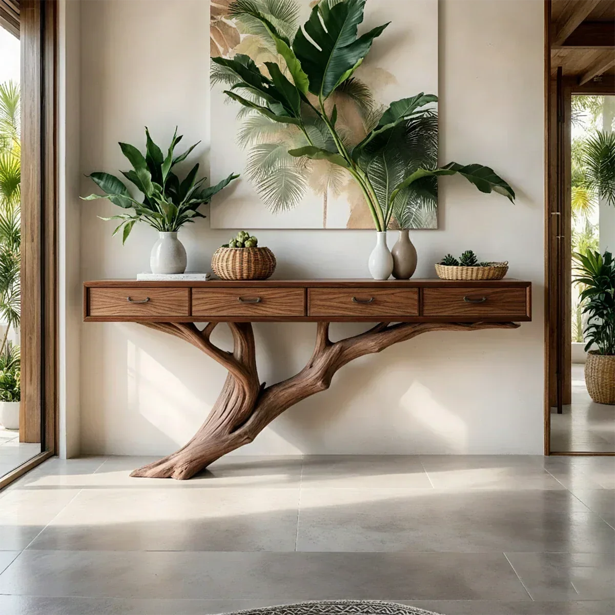 Solid Wood Console Table with Tree-Inspired Sculptural Base & Drawers - Rustira