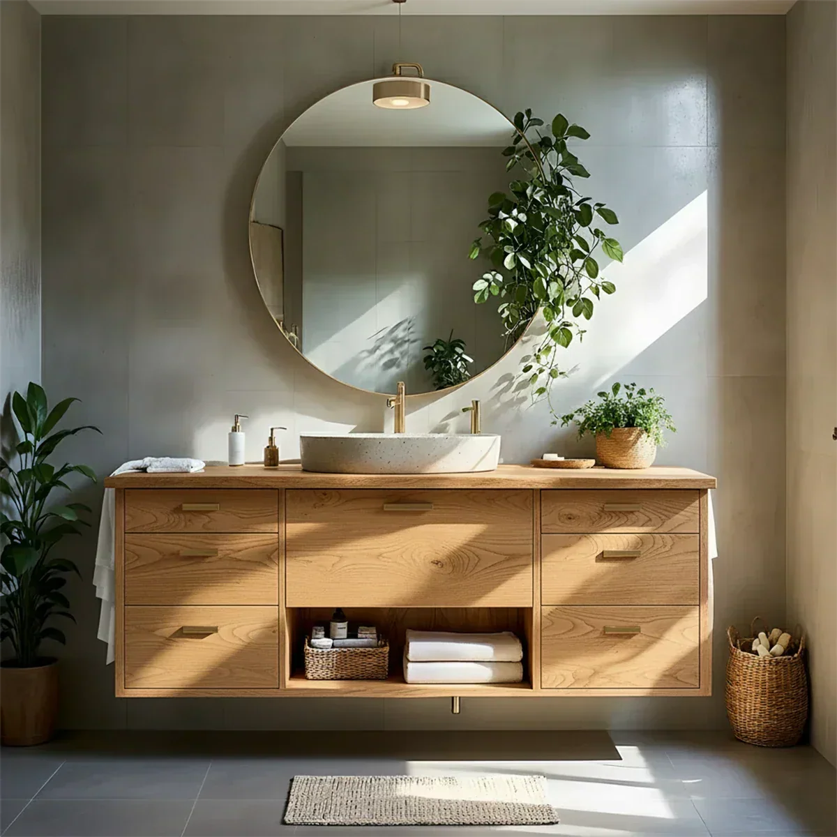 Solid Wood Double Floating Vanity with Stone Basin - Rustira