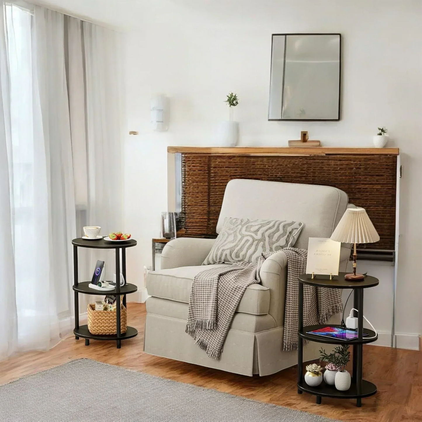 3-Tier Round End Table with Charging Ports – Black Modern Design