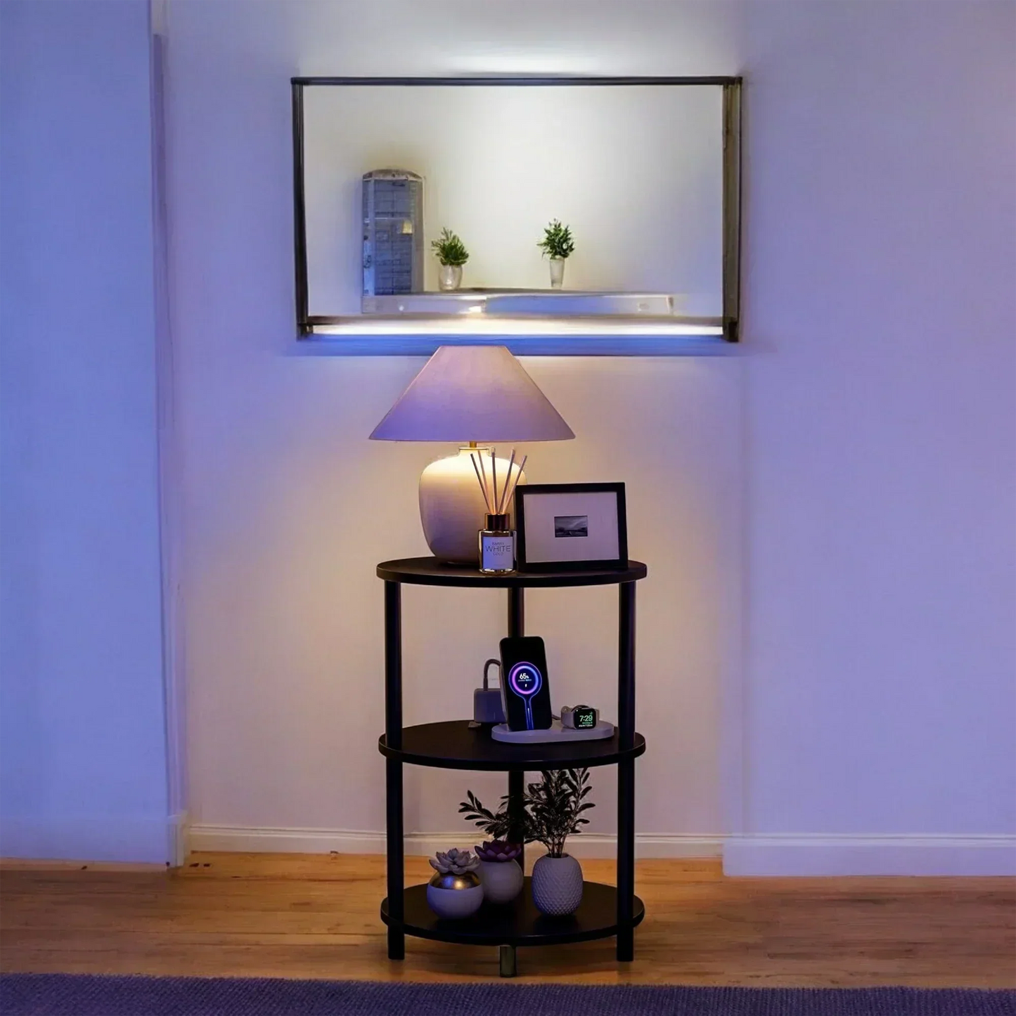3-Tier Round End Table with Charging Ports – Black Modern Design 