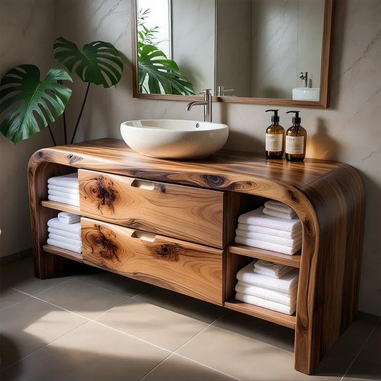 Aurora Bathroom Vanity – Natural Solid Wood Modern - Rustira