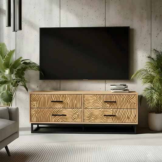 Carved Solid Wood TV Stand – Modern Textured Media Console with Metal Base - Rustira
