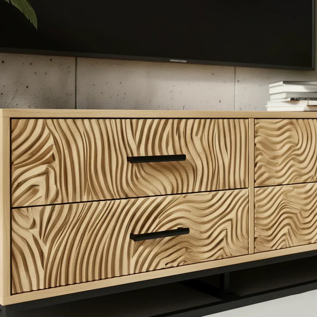 Carved Solid Wood TV Stand – Modern Textured Media Console with Metal Base - Rustira