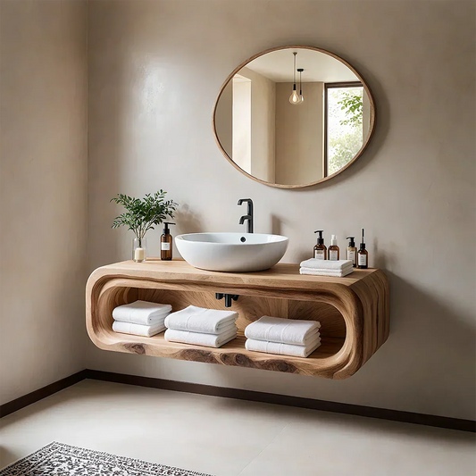 Curved Solid Wood Floating Vanity – Japandi Organic Bathroom Console - Rustira