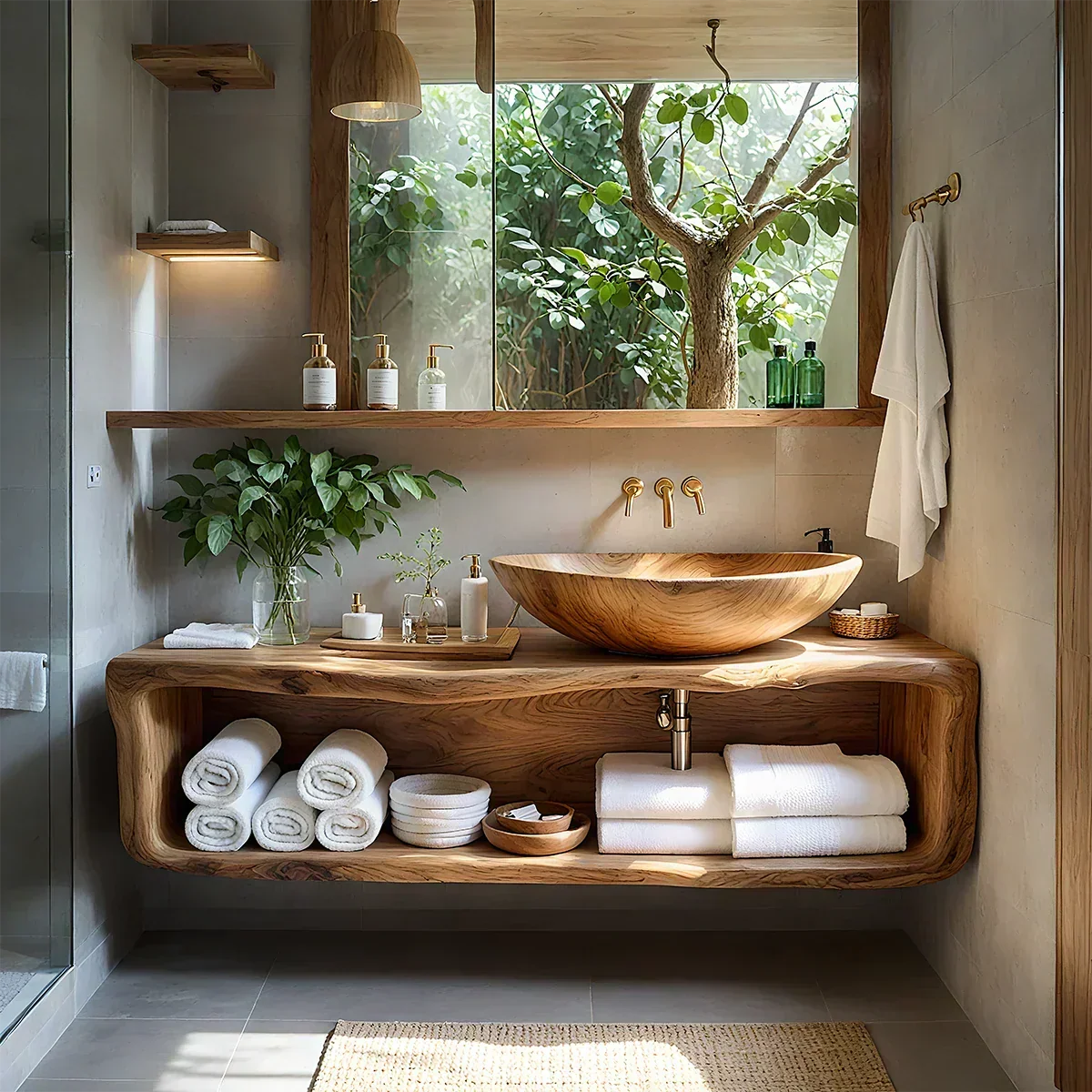 Curved Solid Wood Floating Vanity | Organic Spa Console – My Store