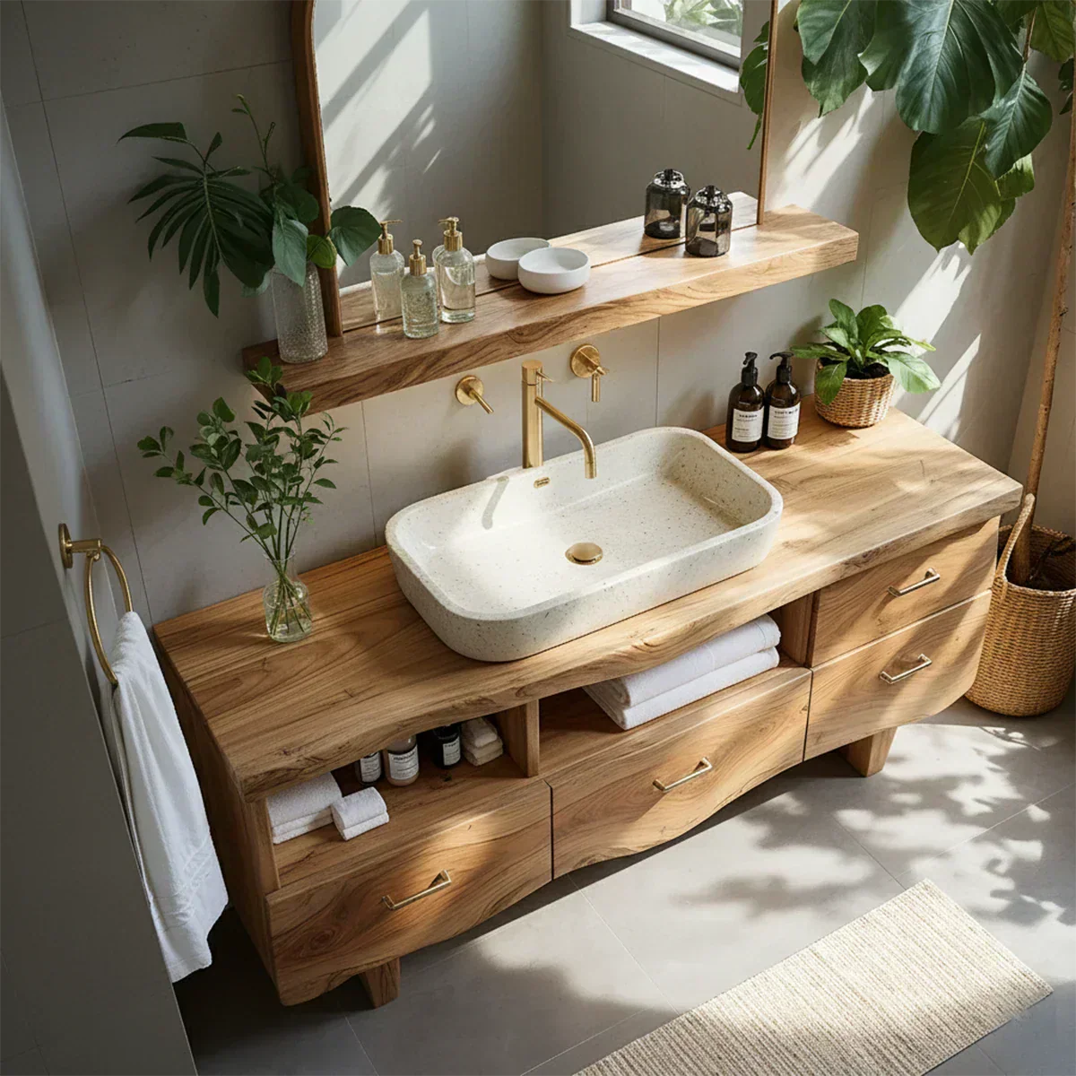 Curved Solid Wood Vanity with Legs – Japandi Spa Bathroom Console - Rustira