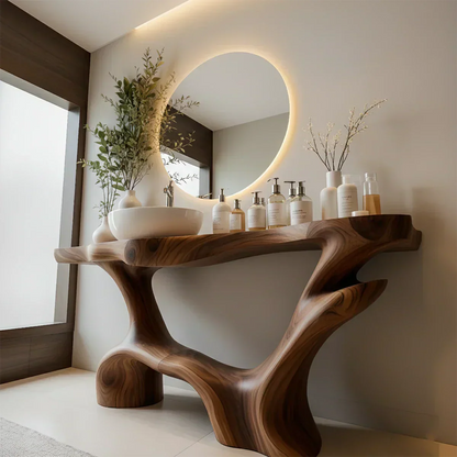 Double-Sculpted Wood Pedestal Vanity – Organic Modern Bathroom Sink Table - Rustira