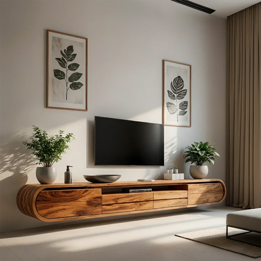 Floating Curved Edge Walnut TV Console — Organic Minimal Design - Rustira