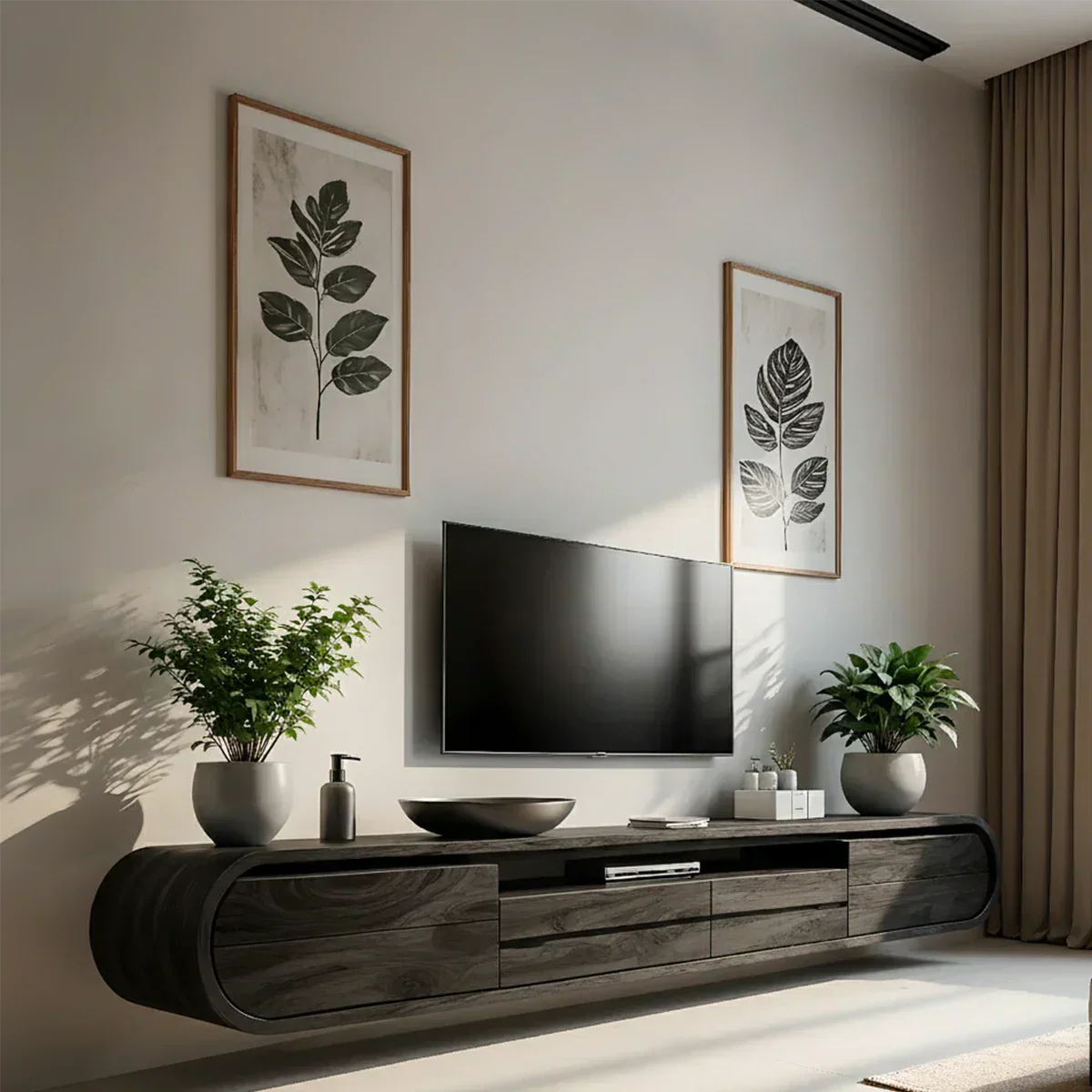 Floating Curved Edge Walnut TV Console — Organic Minimal Design - Rustira