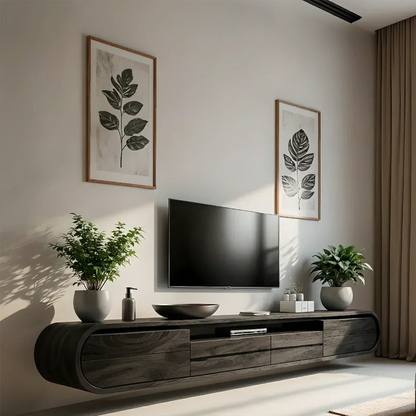 Floating Curved Edge Walnut TV Console — Organic Minimal Design - Rustira