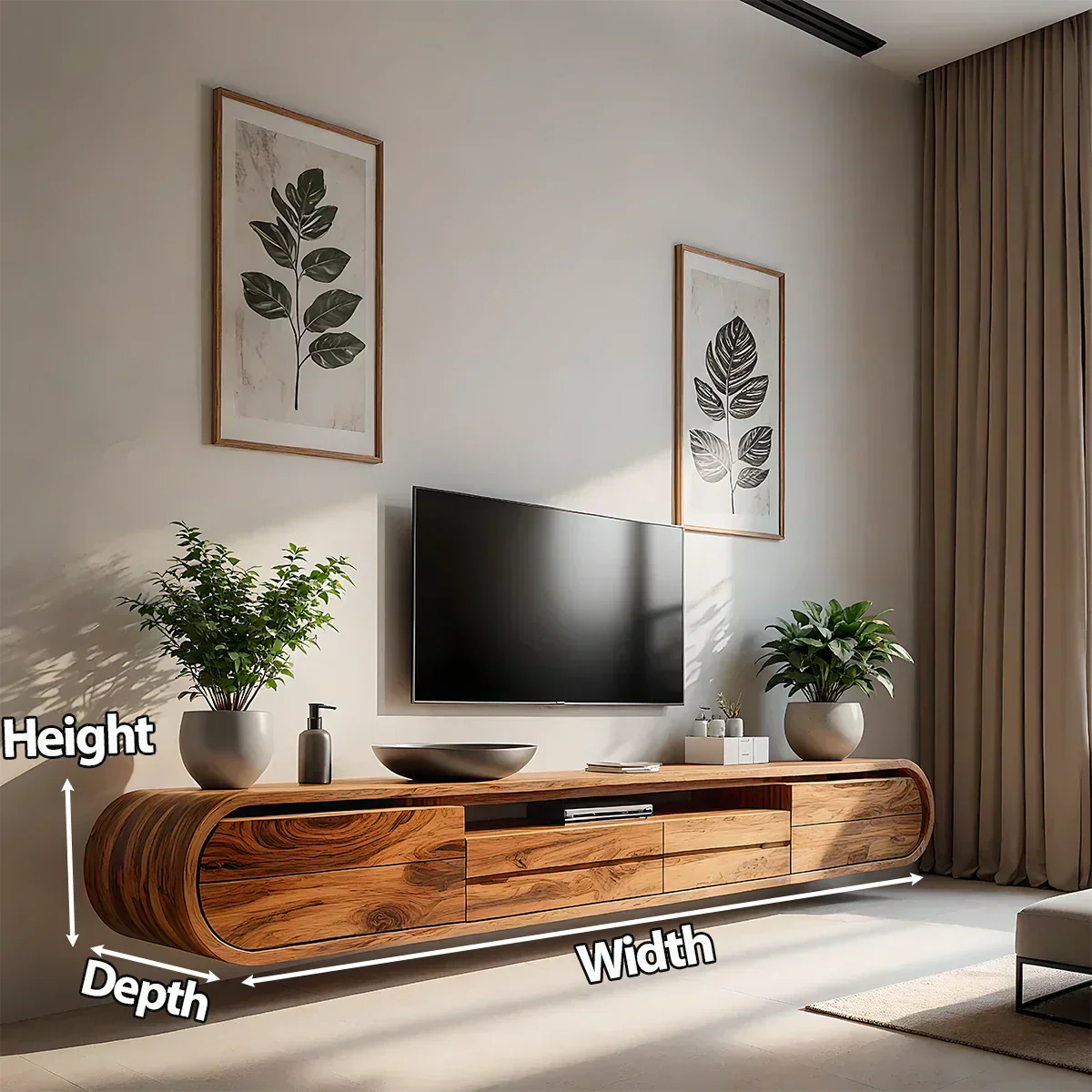 Floating Curved Edge Walnut TV Console — Organic Minimal Design - Rustira