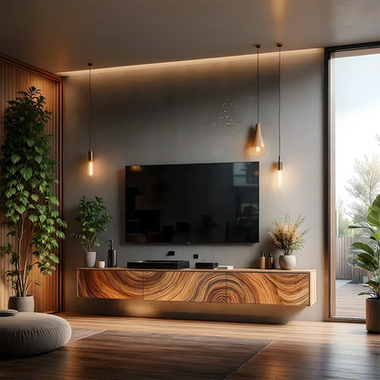 Floating Solid Wood TV Console with Artistic Grain & Soft Edge Design - Rustira