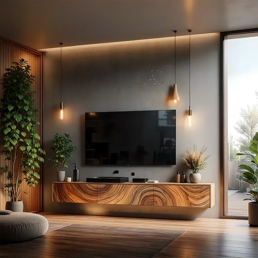 Floating Solid Wood TV Console with Artistic Grain & Soft Edge Design - Rustira