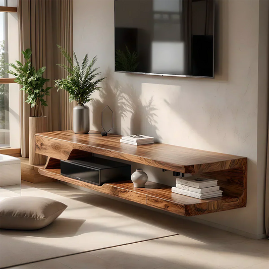 Floating Solid Wood TV Stand – Minimal Organic Modern Wall-Mounted Console - Rustira