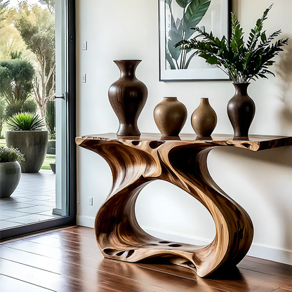Flowing Walnut Console Table – Artistic Double Form Design - Rustira