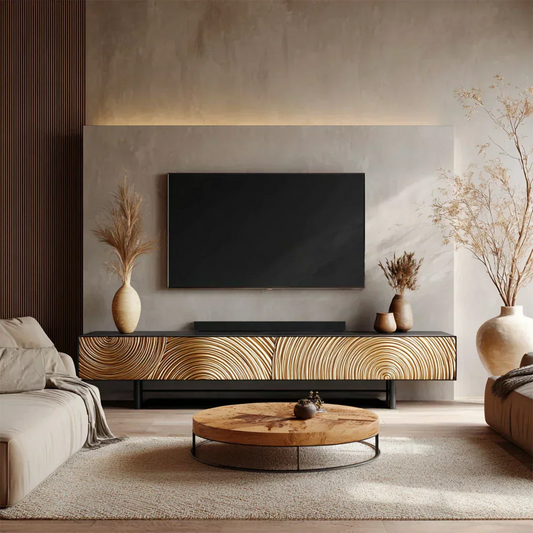 Golden Spiral-Carved Solid Wood TV Stand – Luxury Organic Console - Rustira