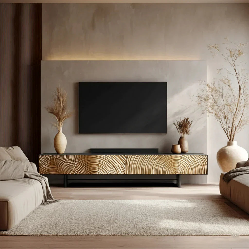 Golden Spiral-Carved Solid Wood TV Stand – Luxury Organic Console - Rustira
