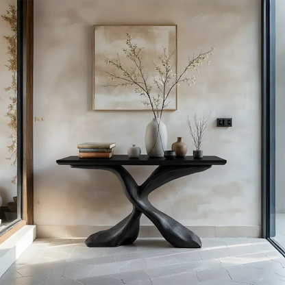 Hand-Carved X-Base Solid Wood Console Table — Organic Modern Art Furniture - Rustira