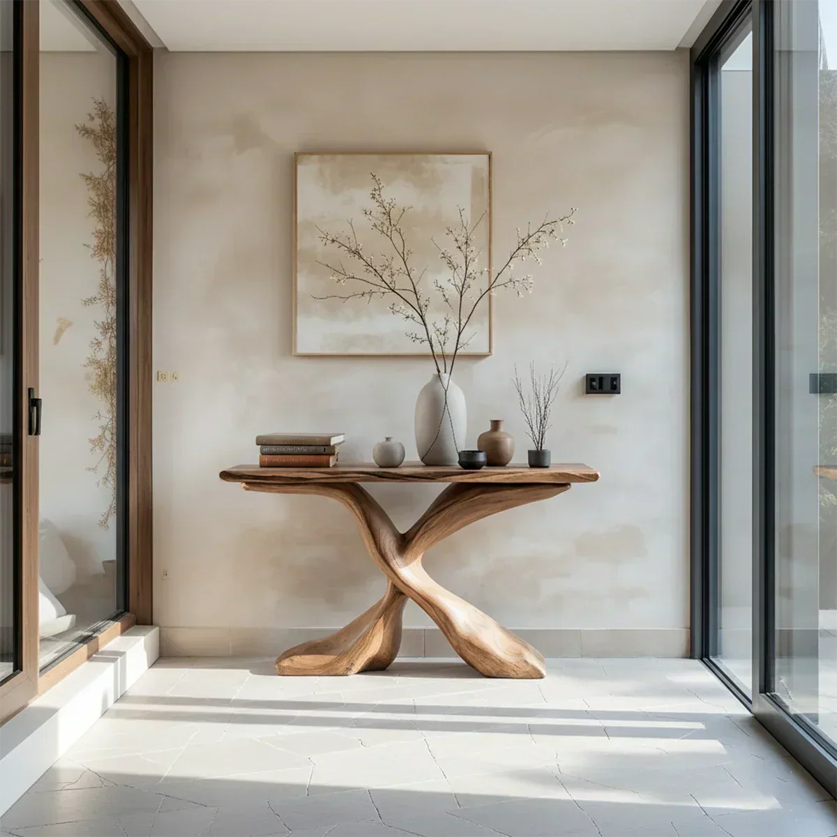 Hand-Carved X-Base Solid Wood Console Table — Organic Modern Art Furniture - Rustira