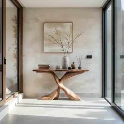 Hand-Carved X-Base Solid Wood Console Table — Organic Modern Art Furniture - Rustira