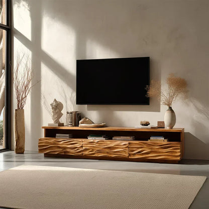 Hand-Sculpted Organic Wave Wood TV Stand — Natural Sunrise Finish - Rustira