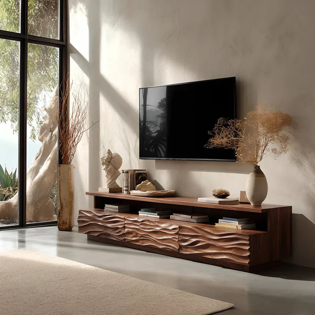 Hand-Sculpted Organic Wave Wood TV Stand — Natural Sunrise Finish - Rustira