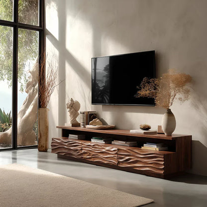 Hand-Sculpted Organic Wave Wood TV Stand — Natural Sunrise Finish - Rustira