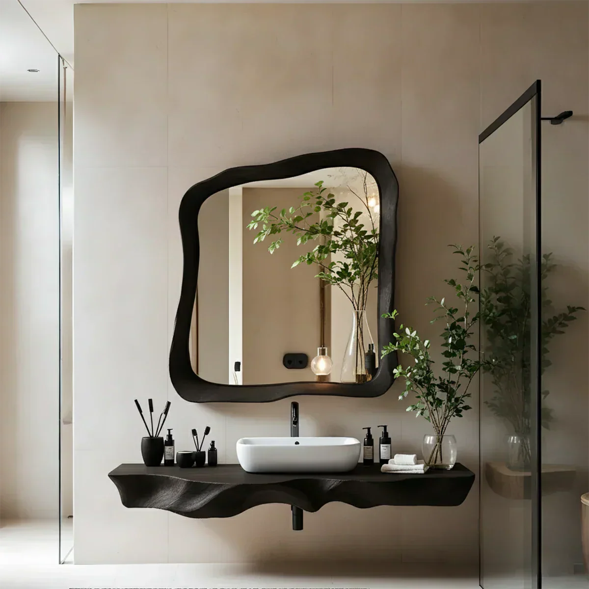 Handcrafted Live Edge Floating Bathroom Vanity Shelf With Mirror Frame - Rustira