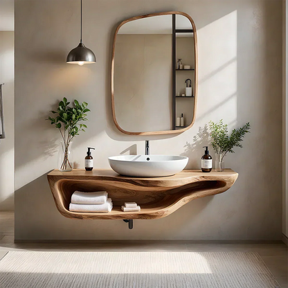 Handcrafted Live Edge Floating Bathroom Vanity With Shelf - Rustira