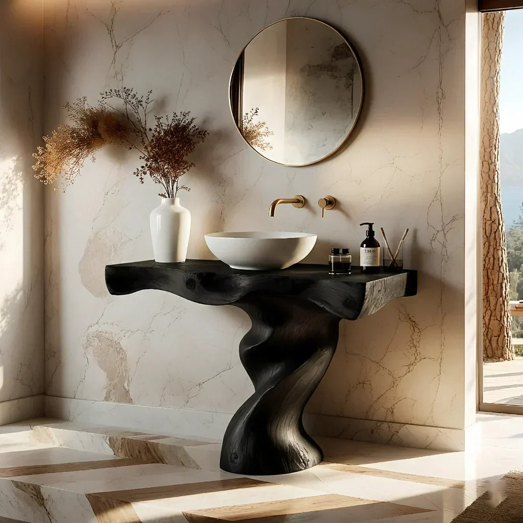 Handcrafted Live Edge Vanity with Sculpted Twisted Wood Base - Rustira
