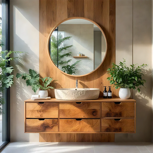 Handcrafted Solid Wood Floating Vanity with Stone Basin - Rustira