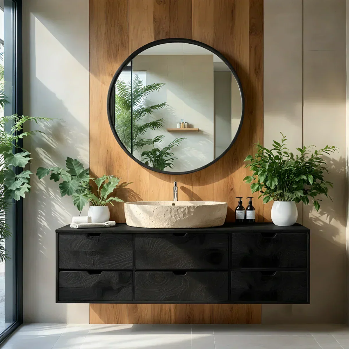 Handcrafted Solid Wood Floating Vanity with Stone Basin - Rustira