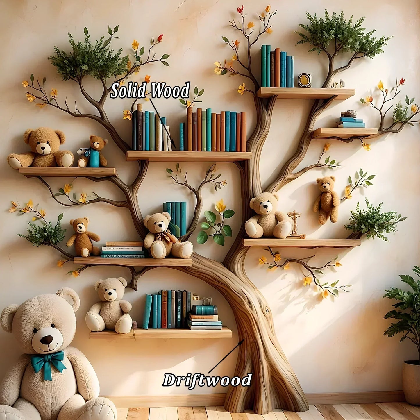 Wooden bookshelf designed in the shape of a tree - Create a joyful study space for children 