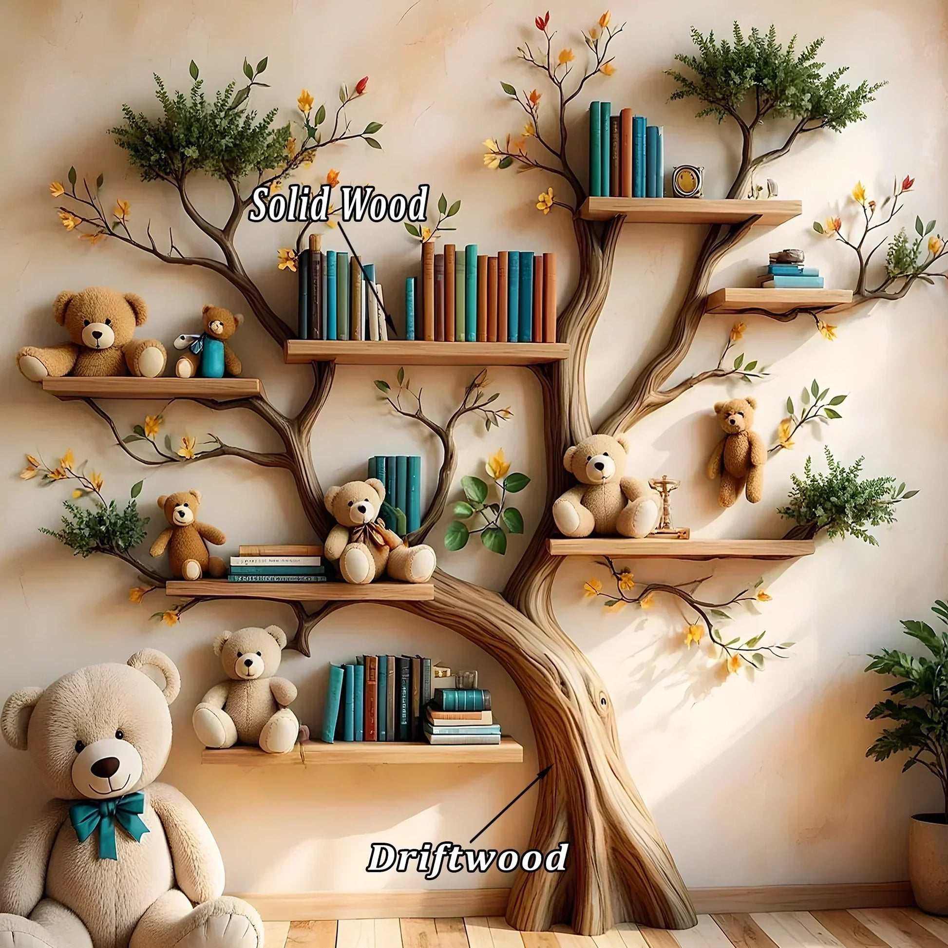 Wooden bookshelf designed in the shape of a tree - Create a joyful study space for children 