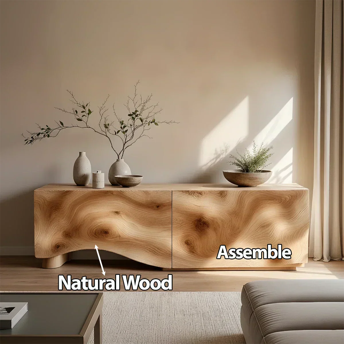 Light Burl Wave Solid Wood TV Console – Minimal Organic Design - Rustira