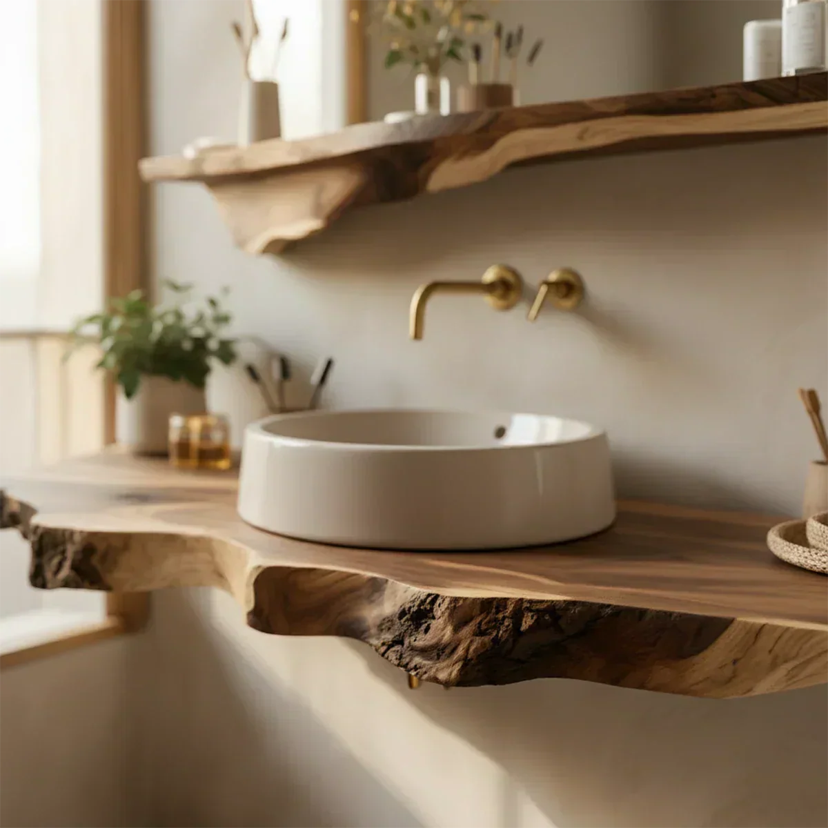 Live Edge Floating Wood Bathroom Vanity with Mirror Shelf - Rustira