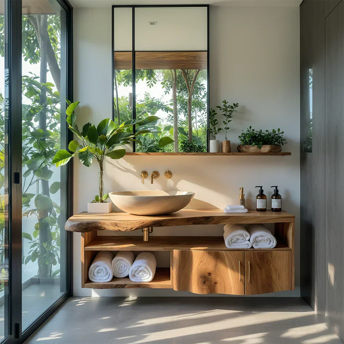 Live Edge Floating Wood Vanity – Asymmetrical Japandi Spa Sink Console - Rustira