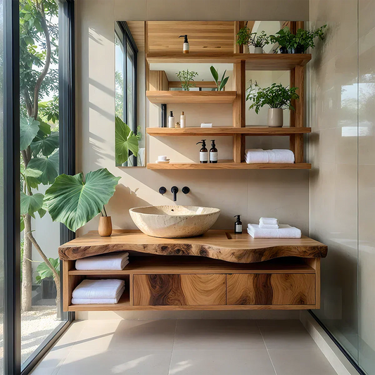Live Edge Floating Wood Vanity with Shelves – Japandi Spa Sink Console - Rustira