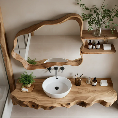 Live Edge Floating Wood Bathroom Vanity with Organic Mirror Frame - Rustira