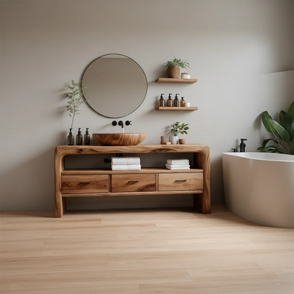 Live Edge Organic Solid Wood Bathroom Vanity With Drawers & Open Shelf - Rustira
