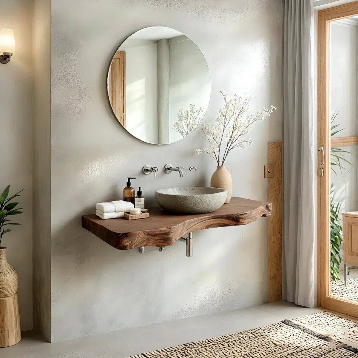 Live Edge Solid Wood Bathroom Vanity – Japandi Floating Sink Shelf - Rustira